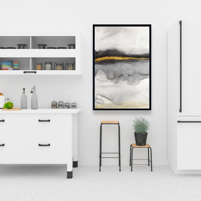 Toile abstraite à rayures dorées | Décoration d'intérieur avec cadre blanc