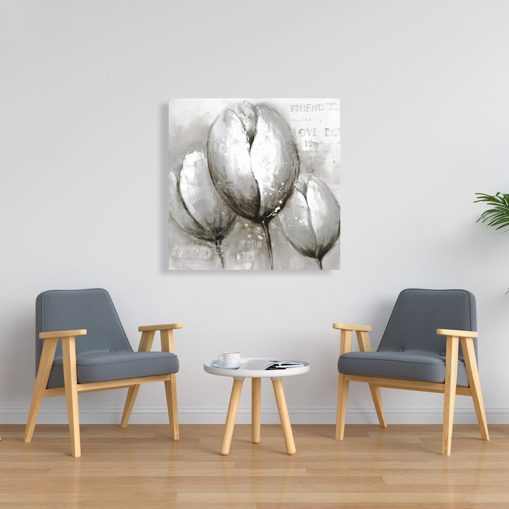 Gray Botanical Canvas - Three White Tulips Living Room Decor