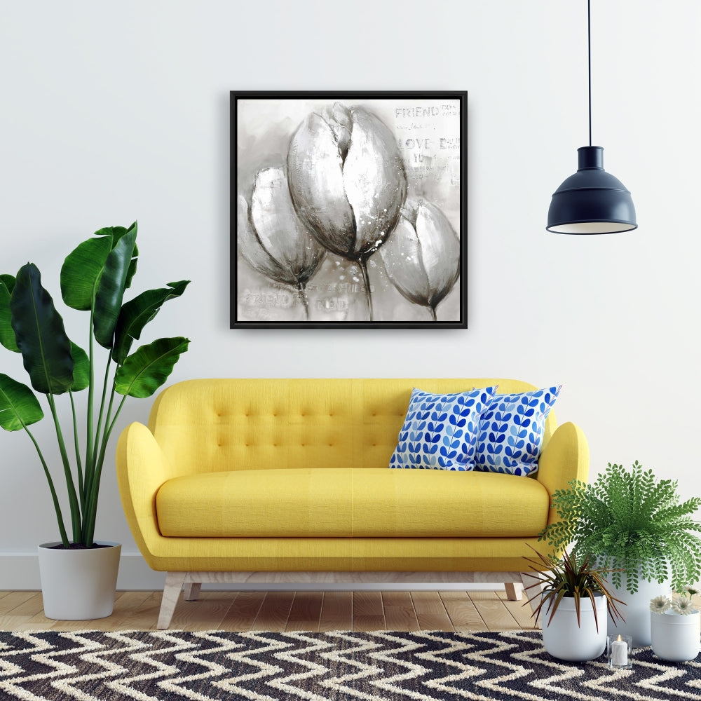 Trois tulipes blanches – Toile encadrée décorative florale botanique grise