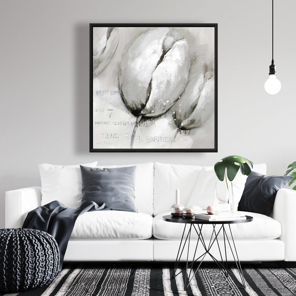 Botanical Gray Framed Canvas | Contemporary Tulips Decor