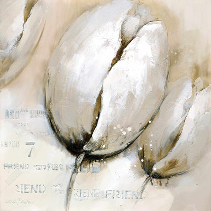 Tulipes avec typographie – Toile encadrée beige pour décoration intérieure