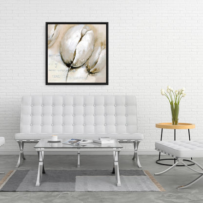 Tulipes avec typographie – Toile encadrée beige pour décoration intérieure