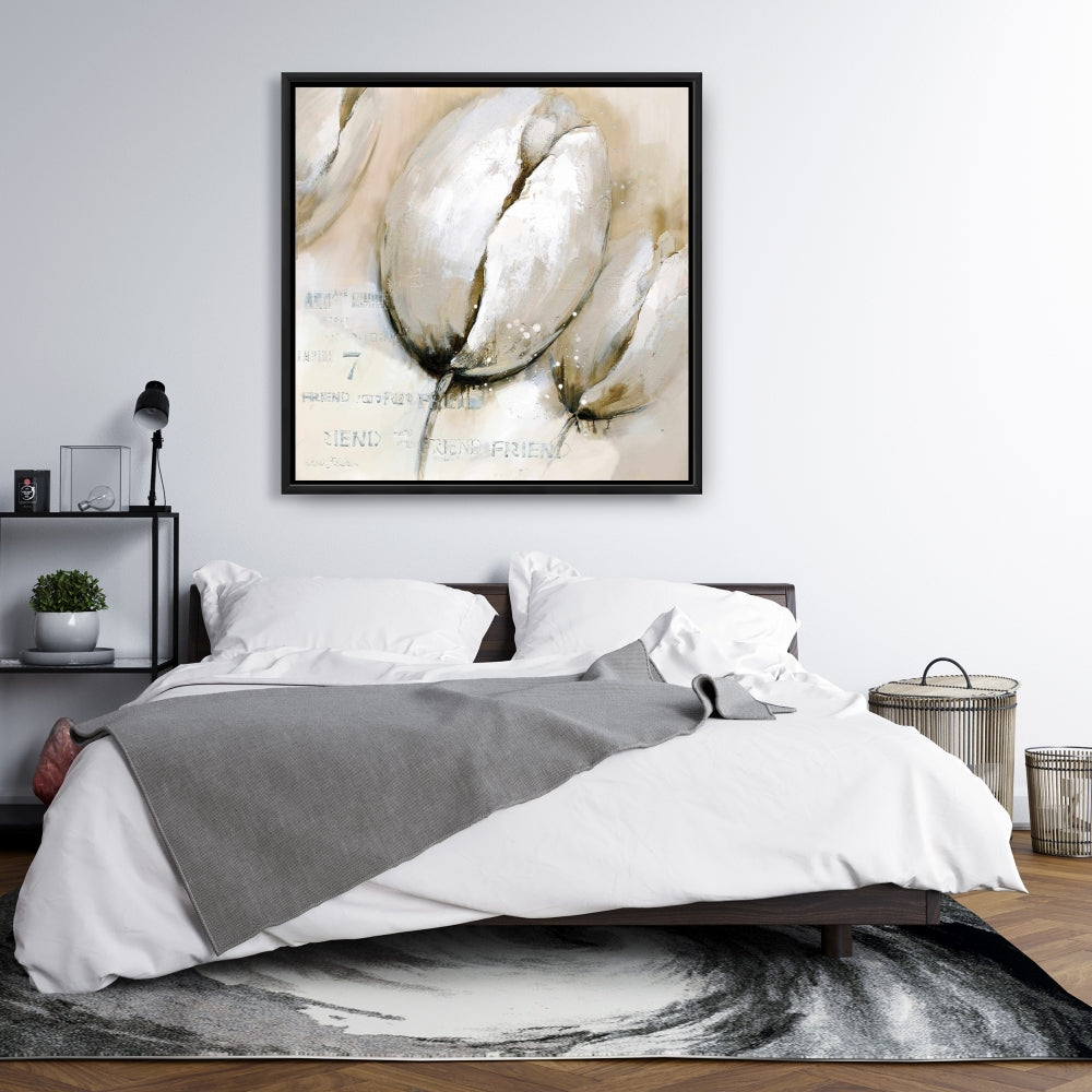 Tulipes avec typographie – Toile encadrée beige pour décoration intérieure