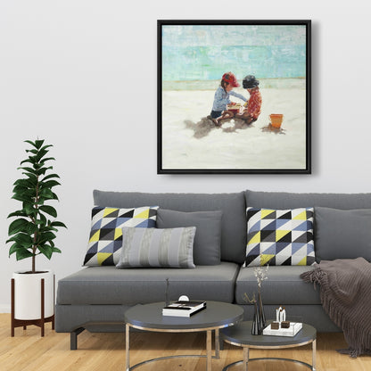 Marine Blue Coastal Canvas - Little Girls at Beach Decor