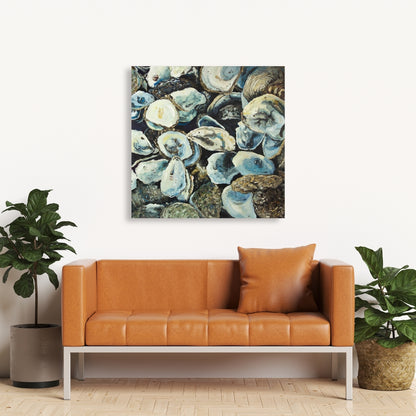 Marine Blue Oyster Shells Canvas | Coastal Home Decor Art