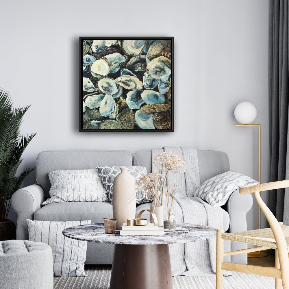 Oyster Shells Coastal Aquatic Framed Canvas | Home Decor
