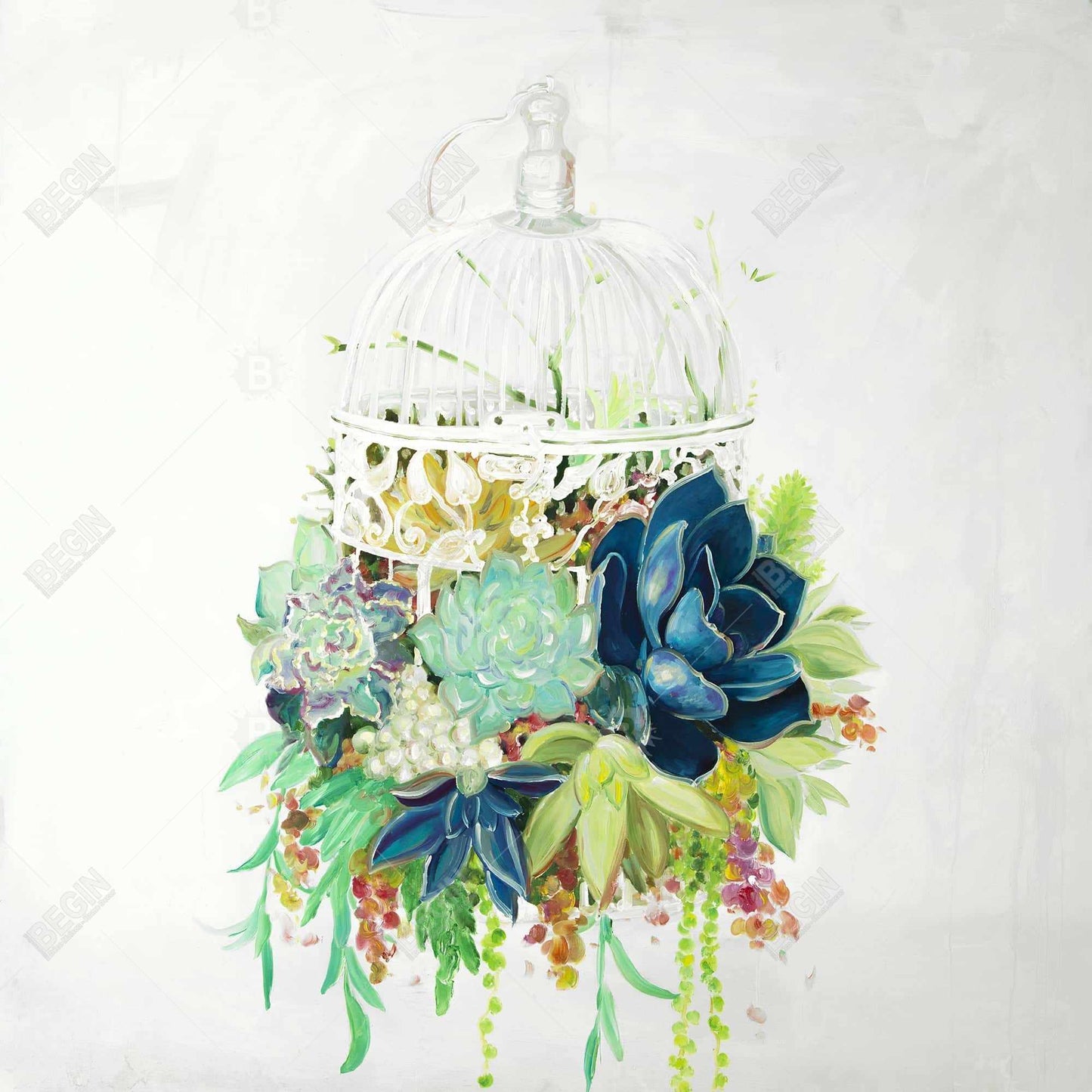 Exotic Bird Cage with Cactus Canvas | Floral Bedroom Decor