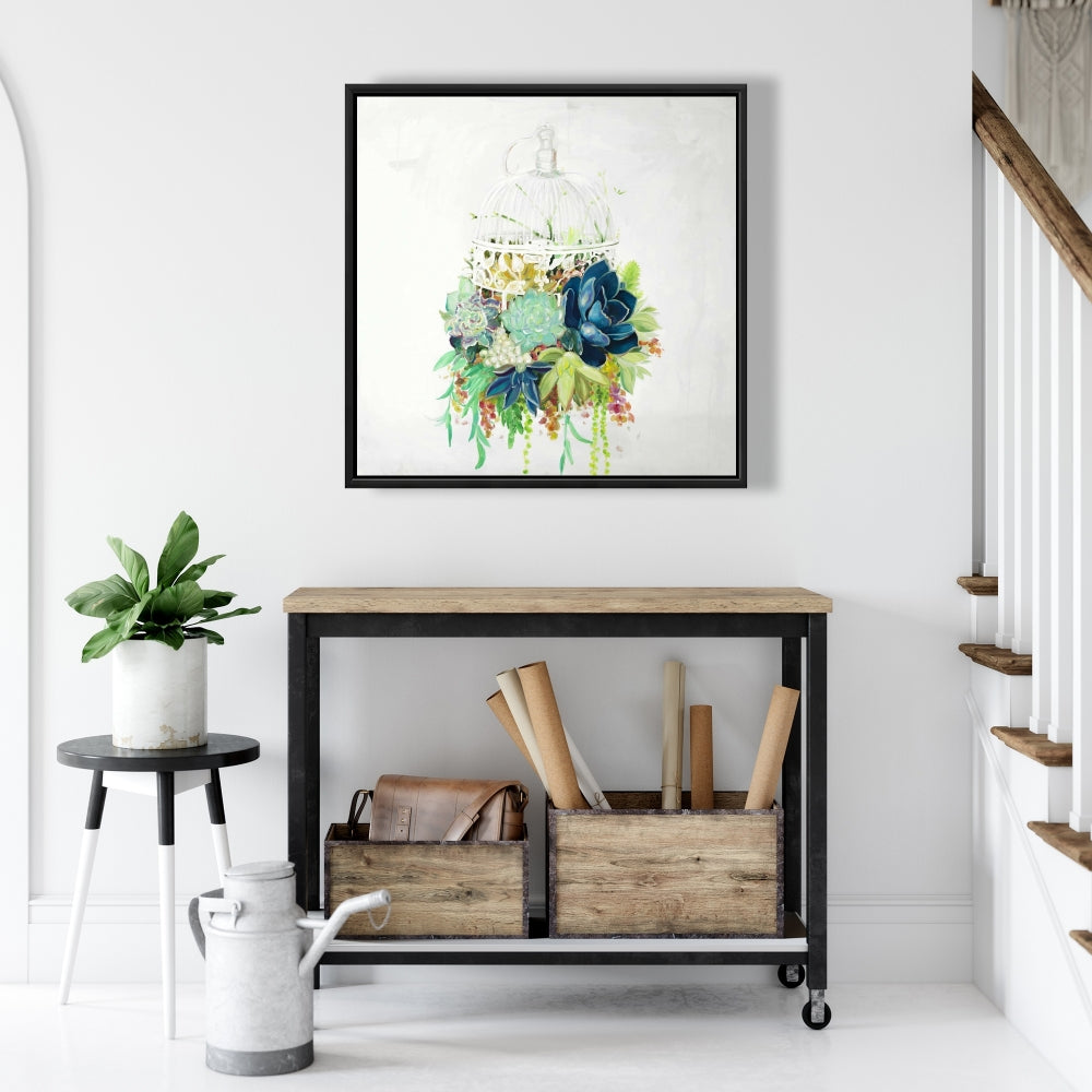 Bird Cage with Cactus Framed Canvas | Exotic Bedroom Decor