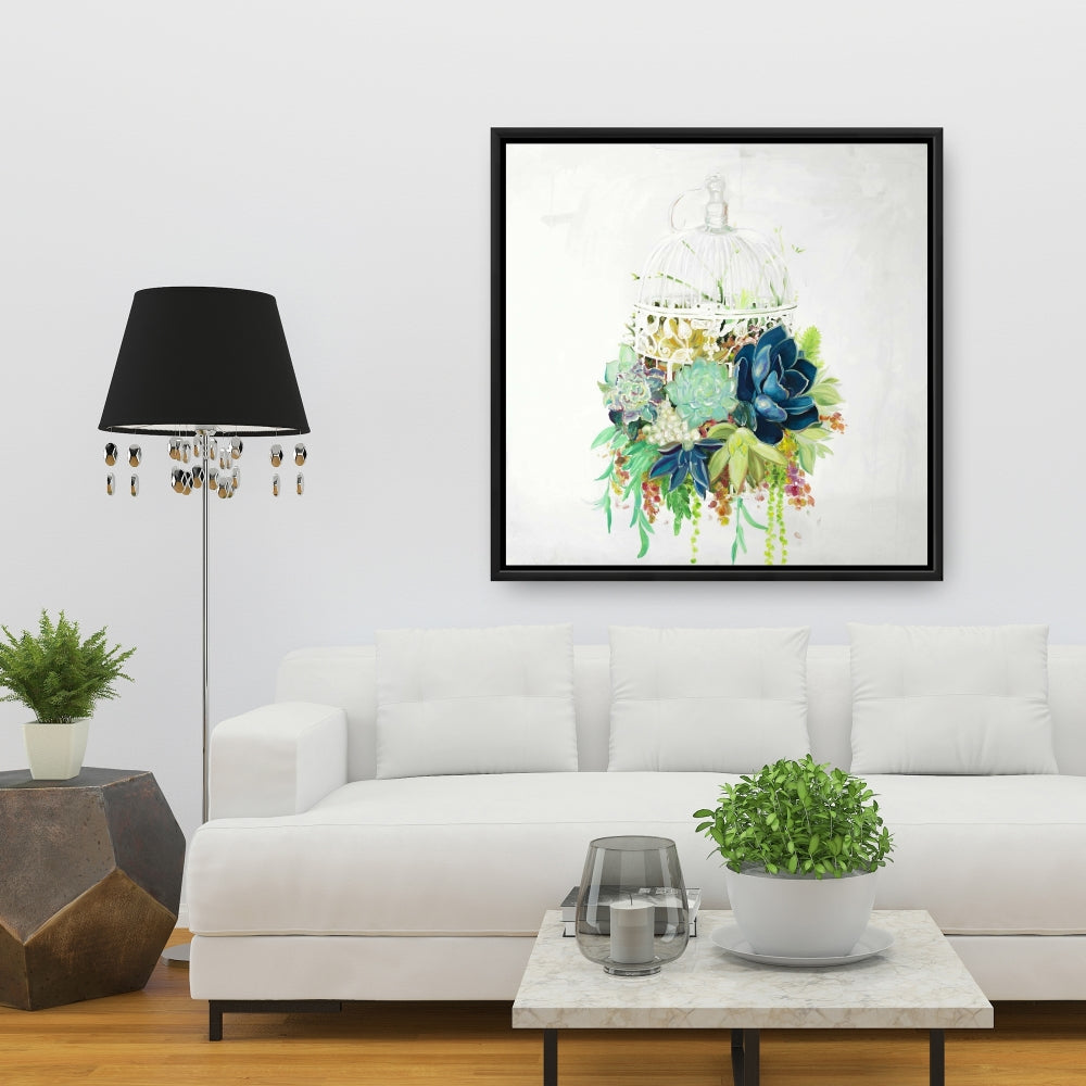 Bird Cage with Cactus Framed Canvas | Exotic Bedroom Decor