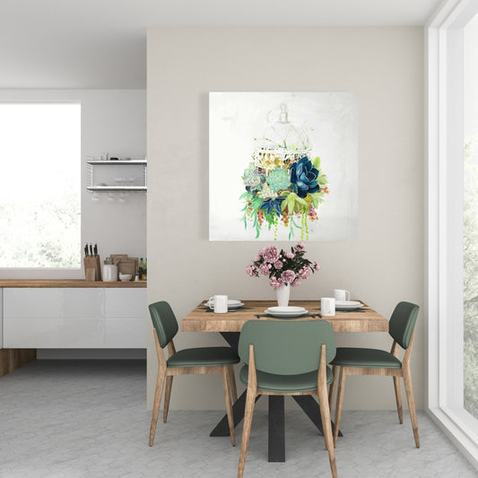 Exotic Bird Cage with Cactus Canvas | Floral Bedroom Decor