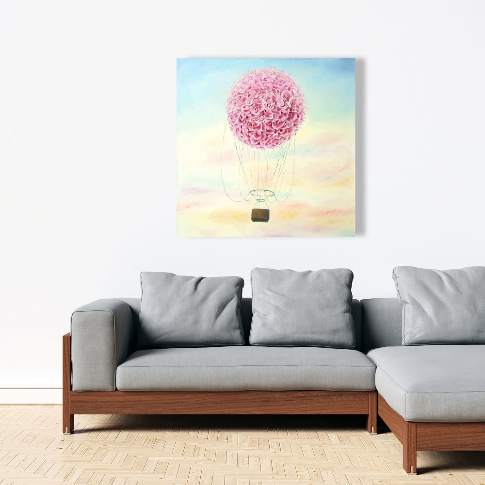 Hot Air Balloon Hydrangea Flowers Canvas | Bedroom Decor
