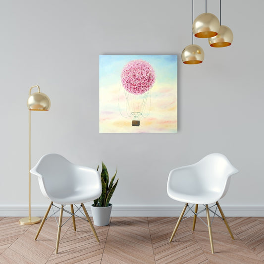 Hot Air Balloon Hydrangea Flowers Canvas | Bedroom Decor