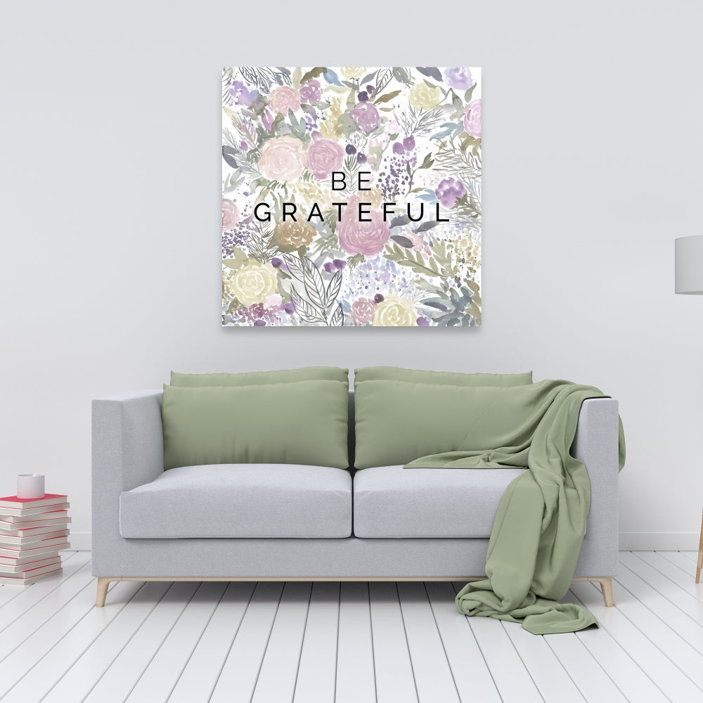 Toile rose « Be Grateful » – Décoration d'intérieur illustrée de fleurs
