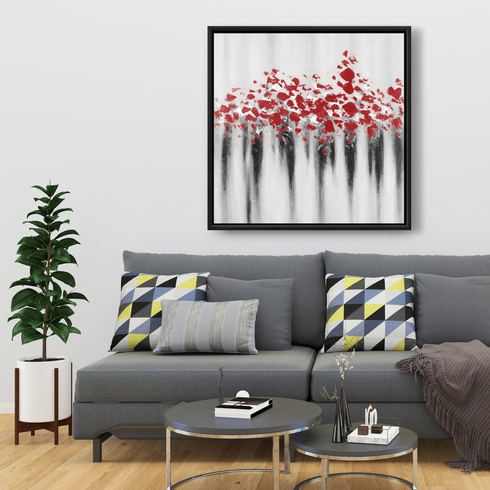 Toile encadrée abstraite grise à motifs de formes - Décoration Petits pois rouges