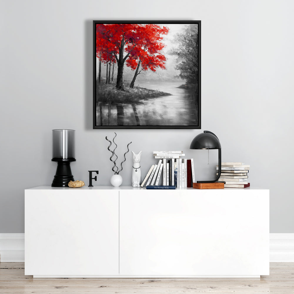 Toile de chambre à coucher Paysages gris – Décor d'arbres rouges et de lac