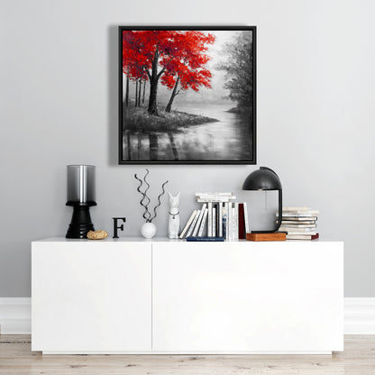 Toile de chambre à coucher Paysages gris – Décor d'arbres rouges et de lac