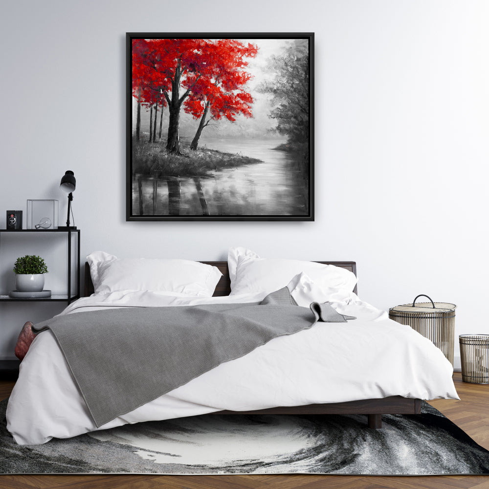 Toile de chambre à coucher Paysages gris – Décor d'arbres rouges et de lac