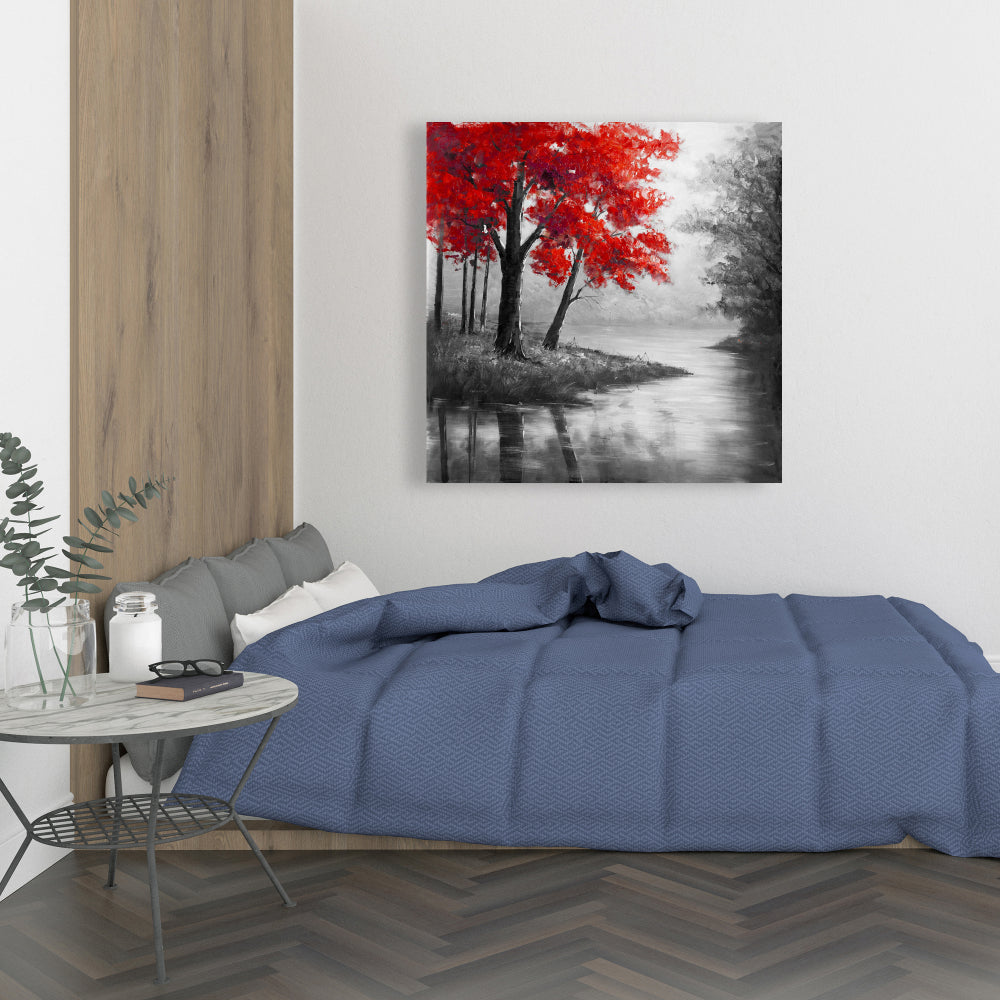 Contemporary Gray Canvas - Red Trees & Lake | Home Decor