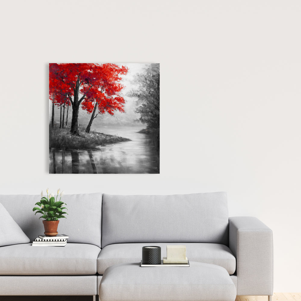Contemporary Gray Canvas - Red Trees & Lake | Home Decor