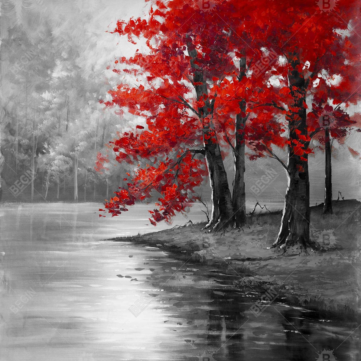 Toile encadrée représentant un paysage paisible avec des arbres et des arbres