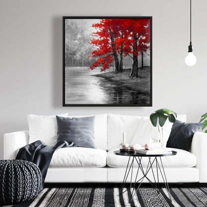 Toile encadrée représentant un paysage paisible avec des arbres et des arbres