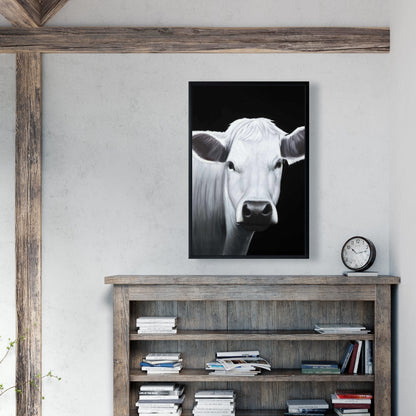 White Cow Framed Canvas | Farm Animal Monochrome Home Decor