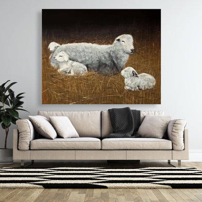 Farmhouse Sheep and Lambs Gray Canvas - Rustic Home Decor