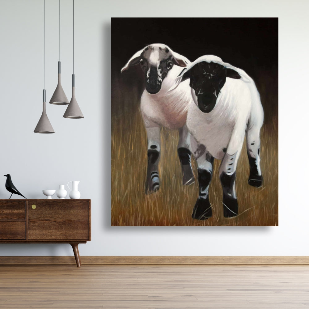 Two Lambs Black Canvas - Farm Animals Home Decor Artwork