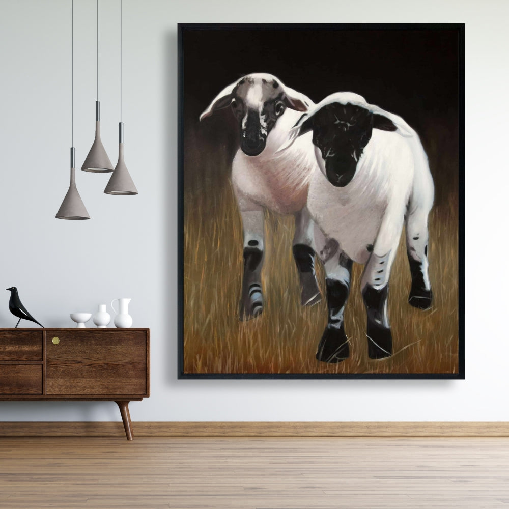 Toile encadrée Deux agneaux – Décoration de salon rustique avec animaux de la ferme