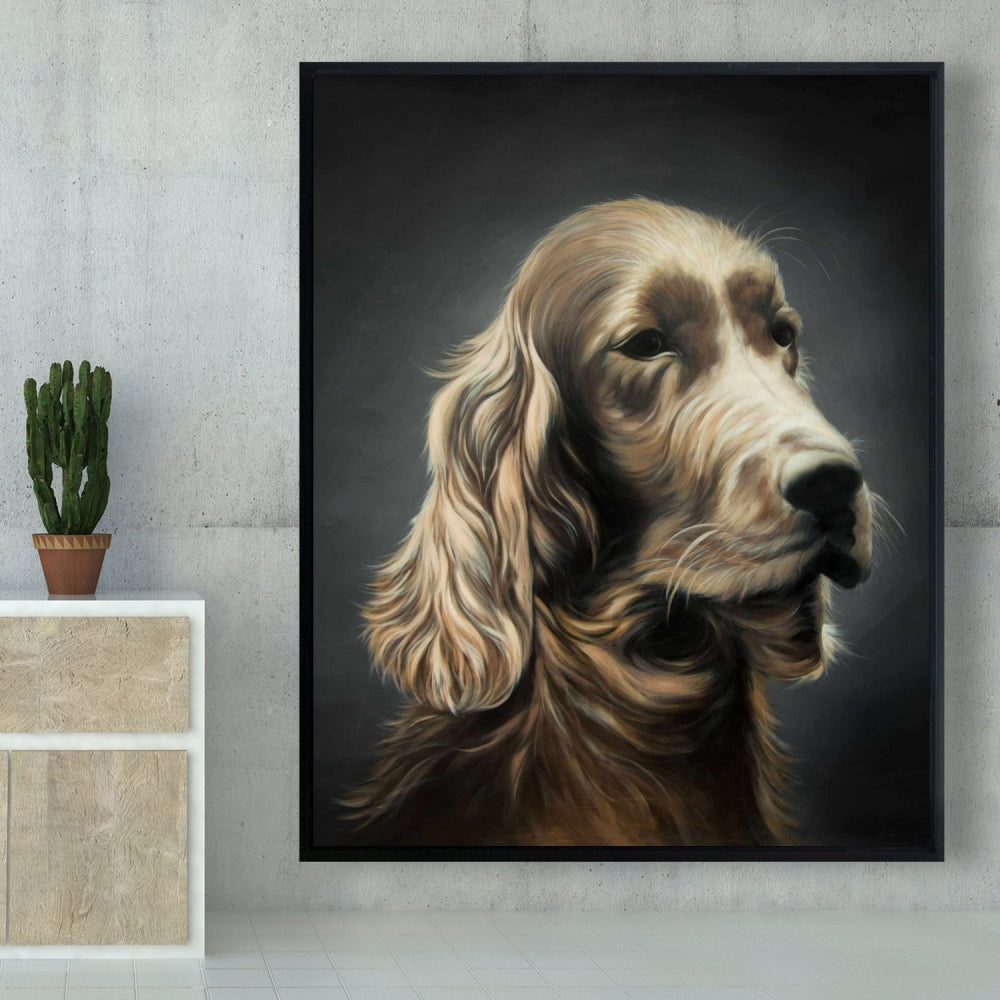 Toile d'épagneul des champs | Art animalier hyperréaliste avec cadre marron