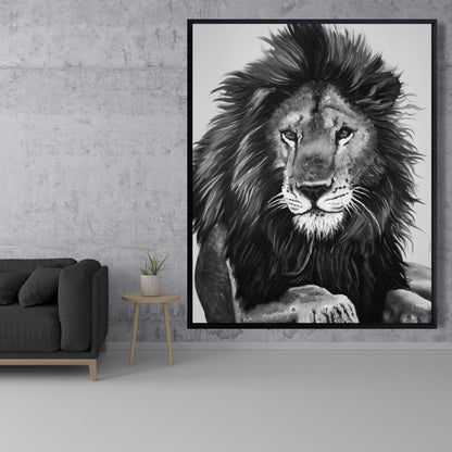Toile encadrée Le Roi Lion - Cadre blanc - Décoration d'intérieur féline