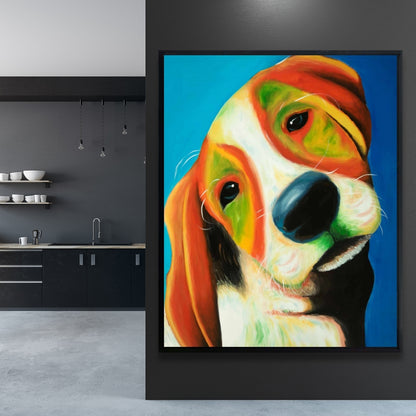 Colorful Beagle Dog Blue Framed Canvas | Home Decor Art