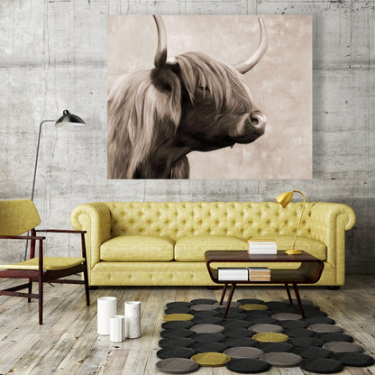 Magnifique toile sépia représentant un bétail des Highlands – Décoration d'animaux de la ferme