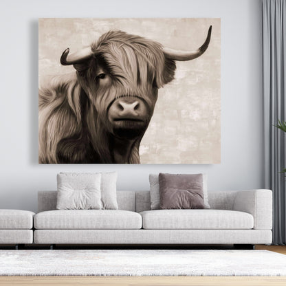 Highland Cattle Sepia Canvas - Beige Farm Animal Home Decor