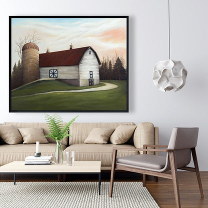 White Barn Farm Animals Framed Canvas - Farmhouse Living Room