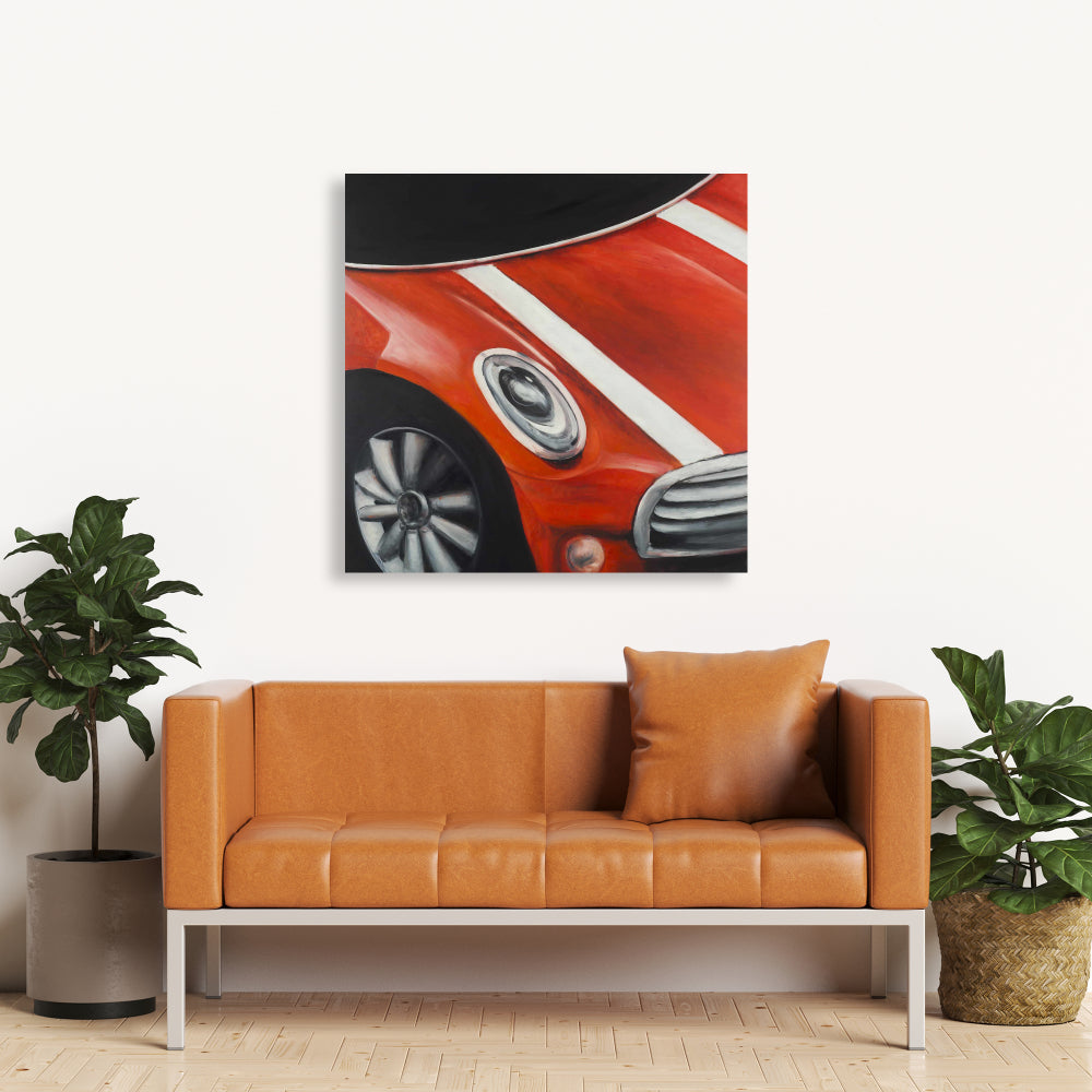 Red Car Canvas - Closeup with White Stripes | Home Decor Art