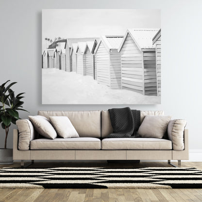 Toile « Cabines de plage » | Décoration monochrome mer blanche