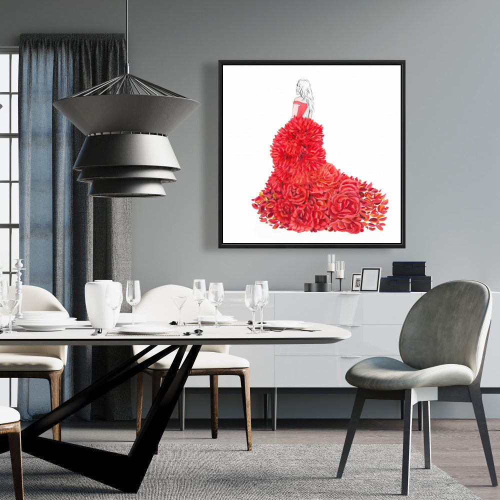 Toile encadrée romantique rouge pour chambre à coucher – Décoration d'intérieur avec robe fleurie