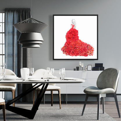 Toile encadrée romantique rouge pour chambre à coucher – Décoration d'intérieur avec robe fleurie