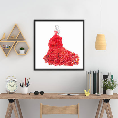 Toile encadrée romantique rouge pour chambre à coucher – Décoration d'intérieur avec robe fleurie