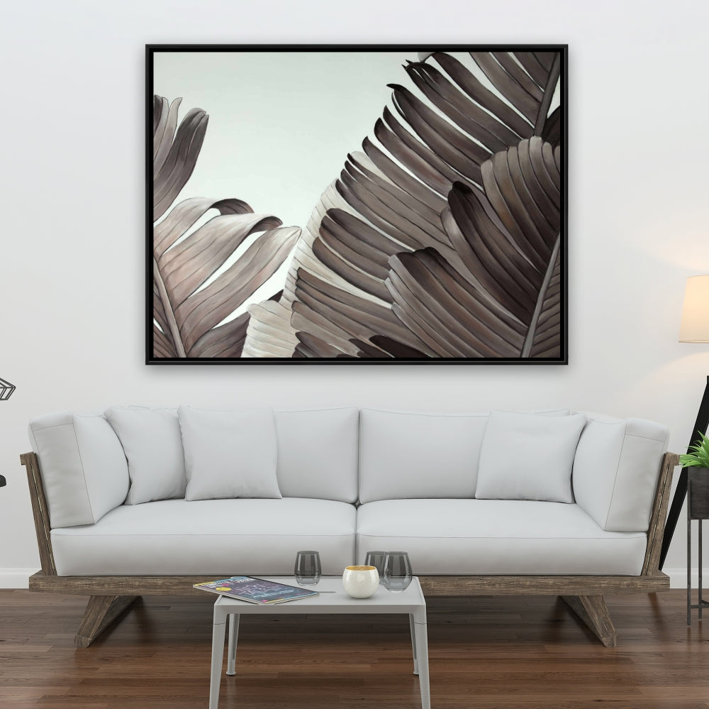 Toile à motifs de feuilles tropicales en niveaux de gris – Décoration florale exotique pour la maison