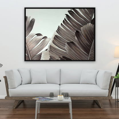Toile à motifs de feuilles tropicales en niveaux de gris – Décoration florale exotique pour la maison