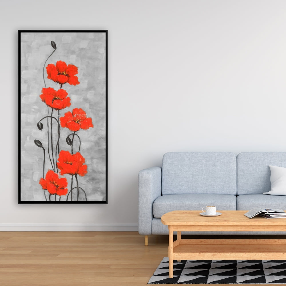 Botanical Bedroom Gray Framed Canvas - Big Red Flowers Decor