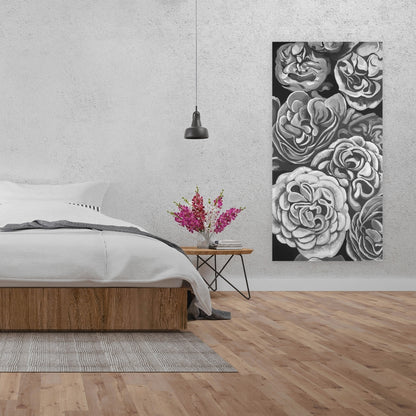 Toile botanique Dahlias en nuances de gris | Décoration murale blanche pour chambre