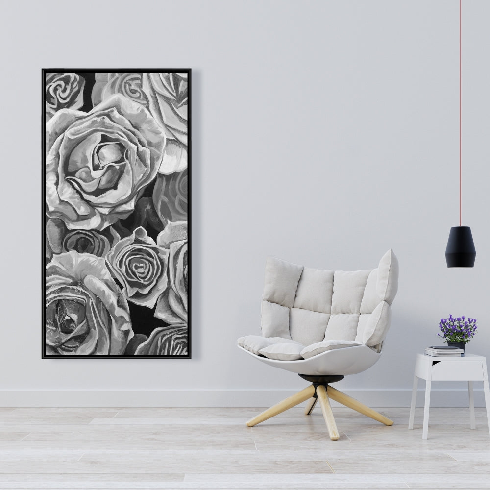 Toile « Roses en nuances de gris » – Décoration de chambre monochrome | Cadre blanc
