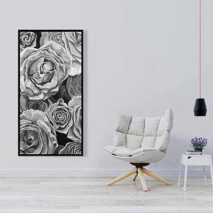 Toile « Roses en nuances de gris » – Décoration de chambre monochrome | Cadre blanc