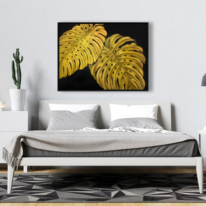 Toile Monstera jaune dorée | Décoration florale exotique pour la maison