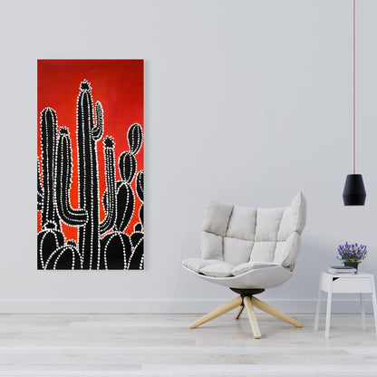 Black Tall Cactus Canvas | Retro Botanical Bedroom Decor