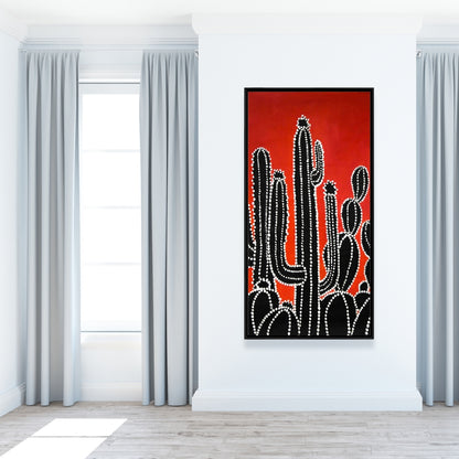 Retro Black Floral Cactus Canvas | Botanical Home Decor
