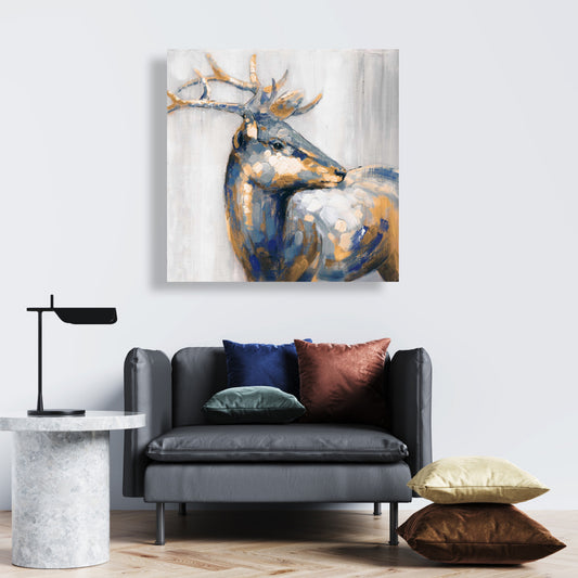 Golden Deer Blue Canvas - Elegant Home Decor Wall Art
